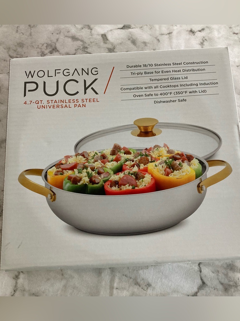 Stainless Steel Universal Pan - Gold tone Handles, Silver Body Wolfgang Puck NWT